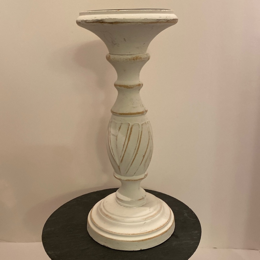 New French Farmhouse Aged White Pillar Candle Holder